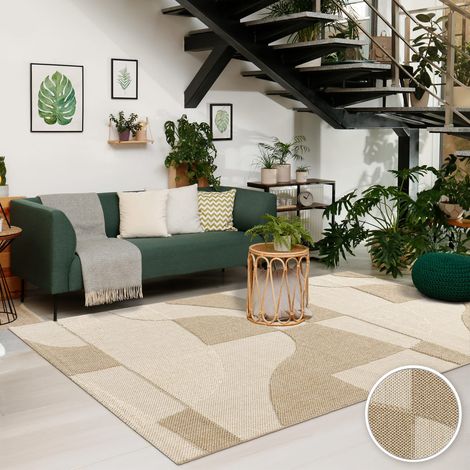 In-& Outdoor Teppich Wetterfest Balkon Küche Boho Hoch-Tief-Effekt Geometrisch 160 cm x 220 cm x 11 mm Creme Rechteckig (1/5)