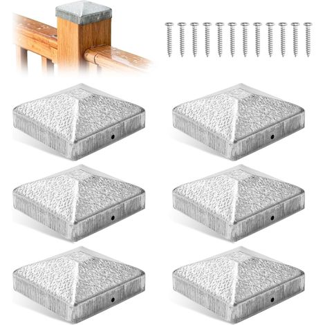 Lot de 6 capuchons de poteau de 9 x 9 cm - En métal galvanisé inoxydable - Avec vis - Pour poteaux en bois - Piliers de terrasse - Capuchon de protection résistant aux intempéries (1/5)