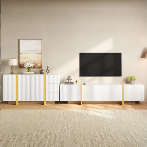 Set de 2 muebles TV y aparador blanco con frentes acanalados, cajones y almacenaje cerrado, en MDF y tablero de partículas para salón moderno y ordenado-FLORAGRACE (1/5)
