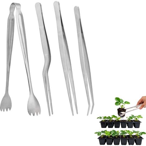 Seedling Transplanting Pliers and Set of 3 Tweezers, Stainless Steel Transplanting Pliers for Seedling Gardening Tools to Reduce Root Damage (Silver) (1/5)