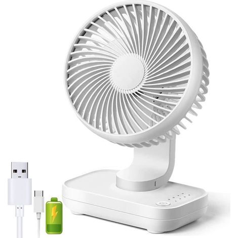 Questo ventilatore da tavolo è dotato di quattro velocità silenziose e di un angolo regolabile di 90°. È un mini ventilatore da tavolo ricaricabile tramite USB, perfetto per... (1/5)