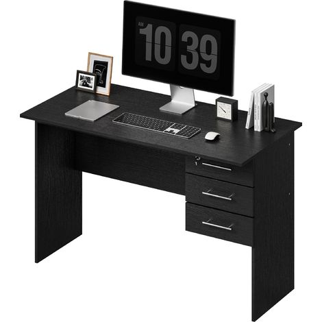Woltu – Table de bureau en bois 120x59x75 cm – 3 tiroirs verrouillables – Résistante aux rayures et facile à entretenir – Noir
