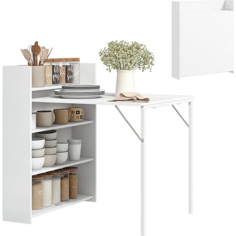 Table de salle à manger pliante, idéale pour les petits espaces, avec 4 étagères discrètes, table de cuisine pliable, fonction anti-basculement, blanche