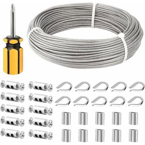 Cable Inox 3mm,50M/3mm Corde en Acier Inoxydable,Cable en Acier Revêtu avec Serre-Câbles,M3 Manchons,Cosses en Acier Inoxydable (1/3)