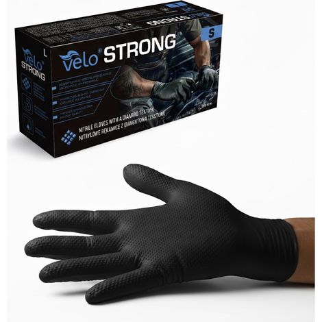 VELO "S" STRONG Schwarze Nitrilhandschuhe mit Diamantstruktur, 50er-Packung