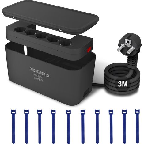 Boîte de Rangement avec Bloc Multiprise Electrique, Multiprise 5 Prises avec 3 USB, Multiprise avec Interrupteur 3m Câble, Adaptateur de Boîte de Rangement, 29,5  14  14CM, Noir (1/5)