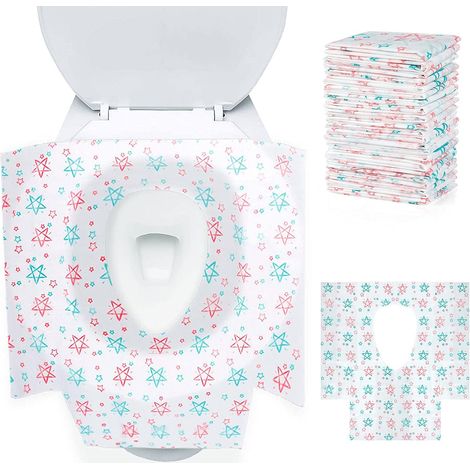 SHINING HOUSE 24 Pcs Siège de Toilette Jetable, Portable Housses de Siège de Toilettes, Taille 65x60 cm, Emballés Individuellement, Antidérapant Siège de Toilette pour Les Adultes et Les Enfants