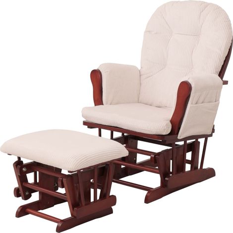 Relaxsessel HHG-021, Schaukelstuhl Sessel Schwingstuhl mit Hocker Stoff Cord 320g/m² Öko-Tex creme Gestell dunkel