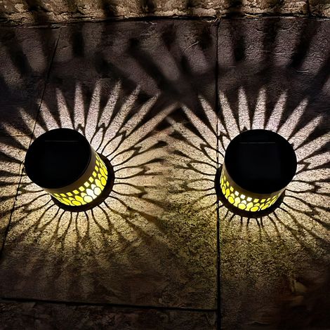 Lot de 2 lampes solaires décoratives mandala, LED étanches pour extérieur (mur, clôture, jardin, cour, terrasse, marches, patio, piscine, pelouse, arrière-cour), noir