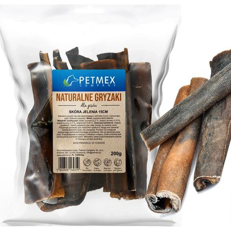 Delikatesse, natürlicher Hundekausnack aus getrockneter Hirschhaut, 15 cm, Petmex 200 g
