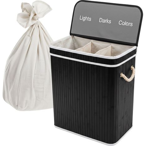 Relaxdays laundry hamper with lid, 3 compartments, bamboo, 105 l, foldable, HxWxD: 63 x 52 x 32 cm, black