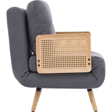 Sillón cama 3 en 1 gris de lino, respaldo reclinable 5 posiciones y reposabrazos de ratán (1/5)