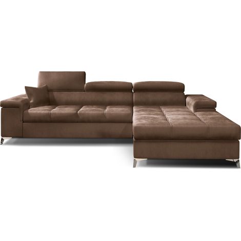 Les Tendances – Canapé d'angle convertible velours marron clair – Appuis-tête réglables – Coffre de rangement – Pieds en acier chromé – 4 places – Dimensions L 281 x P 205 x H 88 cm (1/5)