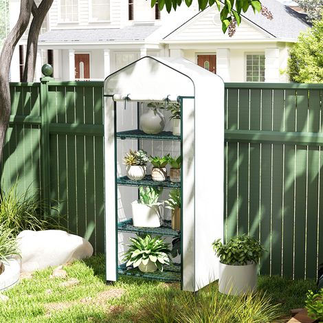 Mini serre de jardin à roulettes avec 4 étagères, acier, 69 x 50 x 165 cm, blanche (1/5)