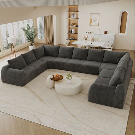 Canapé d'angle compressé 9 places en tissu chenille gris, mousse haute élasticité, sans montage, pour salon, 411×267 cm (1/5)