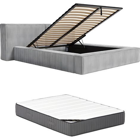 Letto con contenitore 140 x 190 cm Velluto spesso a coste Grigio + Materasso - TIMANO (1/5)