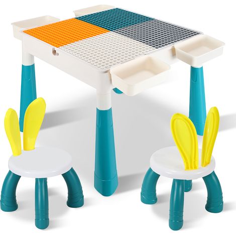 Randaco Mesa multifuncional para niños con 2 sillas y 251 bloques de construcción, mesa de actividades 51x51 cm