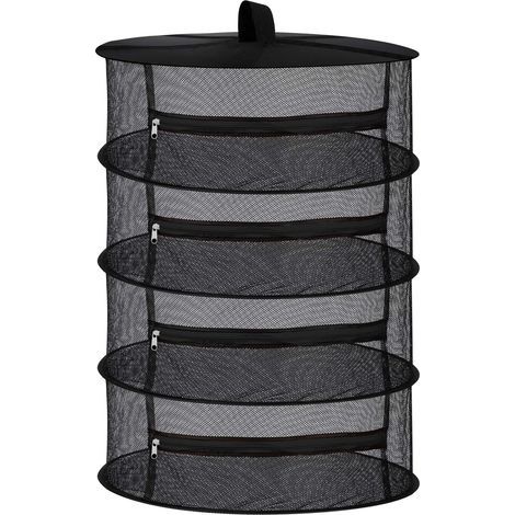 Séchoir à herbes suspendu en maille 4 couches avec fermeture éclair, filet de séchage pliable pour plantes fleurs légumes, diamètre 60 cm hauteur 80 cm, avec crochet S et sac de rangement (1/5)