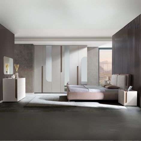 Camera da letto completa armadio 6 ante con specchi e letto contenitore colore cashmere e olmo biscotto - Tatido (1/5)