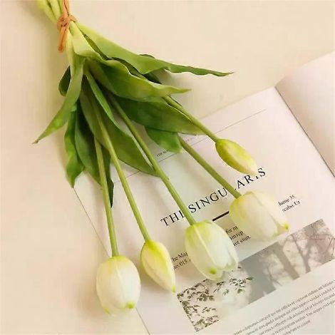 Bouquet de tulipes artificielles de luxe en silicone, 5 têtes, effet réaliste, pour la décoration du salon. (1/4)