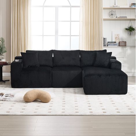 Canapé modulaire avec méridienne en corduroy noir 257x90/160x62 cm, 5 coussins, poches latérales et porte-gobelets (1/5)