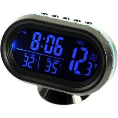 Thermomètre numérique bleu, horloge, voltmètre de voiture, alarme 4 en 1, surveillance de la tension, rétroéclairage LCD, affichage (1/5)