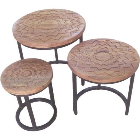 45/38/28cm Nest of Tables (Set of 3) - Wood - L28 X W38 X H45 cm - Dark Carved Zigzag Tabletop