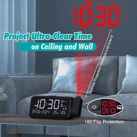 Radio Réveil Projecteur avec Projecteur Pivotant à 320°, Mode Jours Ouvrables/Week-End, 2 Alarmes, Chargeur USB Type C, FM, Variateur d'intensité, Température, Snooze, 12/24H