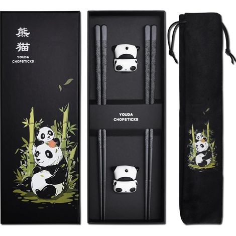 Ensemble de Baguettes en Fibre Réutilisables Avec Support - Coffret Cadeau Chinois, Alliage Lavable au Lave-Vaisselle + Repose-Baguettes Panda Mignon en Céramique (2 Paires) (1/5)