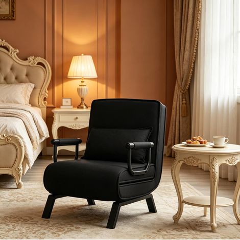 Poltrona letto 65x78x75 cm nera in lino e metallo trasformabile 3 in 1 con schienale regolabile (1/5)