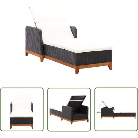 The Living Store Chaise longue Résine tressée et bois d'acacia massif Noir - Chaises Longues - Transats - Mobilier De Jardin - Chaises De Jardin - Bain De Soleil (1/5)