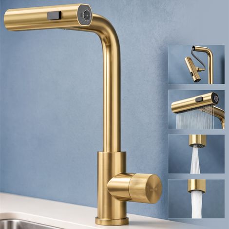 doporro Wasserfall Wasserhahn Küche Hochdruck mit 3 Strahlarten und Einhebel-Mischbatterie, ausziehbare Spültischarmatur aus 304 Edelstahl, 360° schwenkbar, rostfrei, Gebürstet gold,Turnix-02 (1/5)