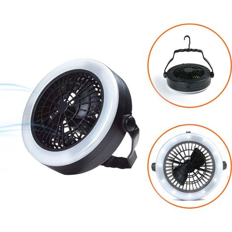 Lampe LED 3-en-1 ventilateur camping portable USB rechargeable avec crochet, lampe tente extérieure randonnée (1/5)
