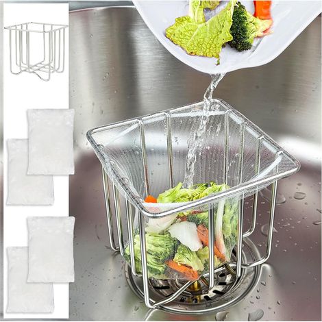 Filtro de desagüe para fregadero de cocina con soporte para cesta - Incluye 200 bolsas de malla - Recolector de residuos de alimentos (1/4)