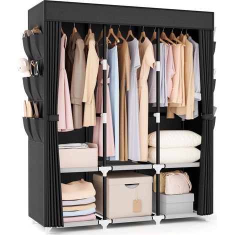 Armoire en Tissu, Wardrobe Armoire Chambre avec 3 tiges de Suspension, 6 étagères de Rangement et Poches latérales, Tube métal de 19 mm, Dressing Garde Robe Adulte pour Chambre à Coucher Noir