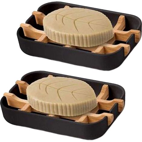 Porte-Savon - Bambou Naturel - Bac Récupérateur Intégré - Pour Salle De Bain Cuisine Évier Baignoire - Lot De 2 (1/5)