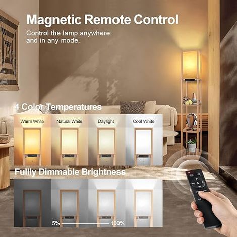 Floor Lamp with Shelves, Dimmable LED, Remote Control, Wood (1/4)