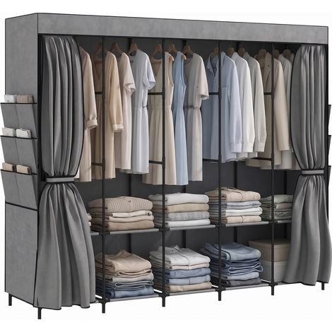 HOMCOM armario de tela, con 5 barras, 5 estantes, 6 bolsillos laterales, cremallera, marco de acero, para dormitorio, 212x45x167 cm, gris (1/5)