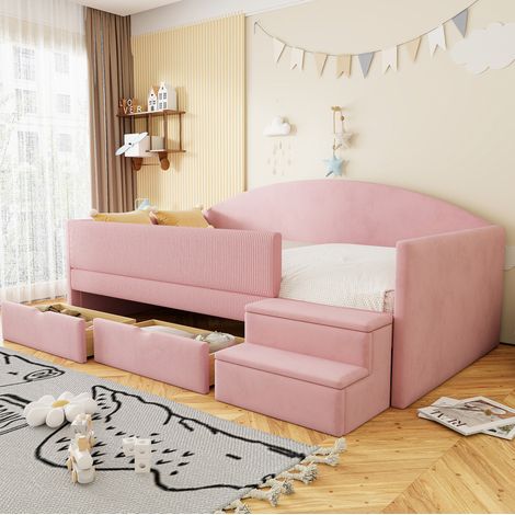 Letto imbottito per bambini 90x190 cm in velluto rosa con 2 cassetti, barriera e gradini (1/5)