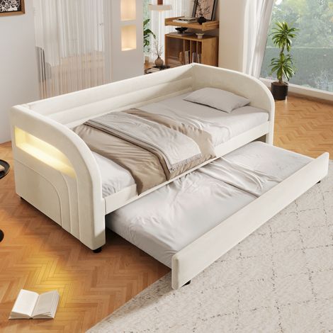 Cama infantil de 90x200 cm con cama nido y luz LED, para habitación infantil o de invitados, estructura estable, franela - beige (1/5)