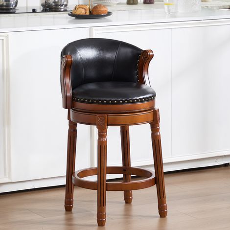 Tabourets de bar en cuir et bois avec assise en cuir de vachette, pivotants à 360° et dotés d'un dossier, pour comptoir de cuisine ou maison, style moderne. (1/5)