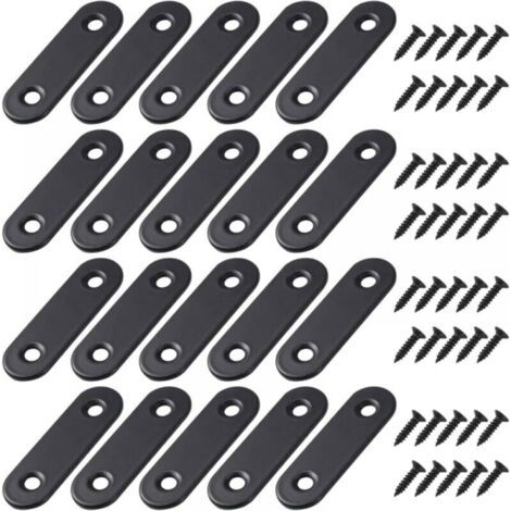 FLITI, 20 Stück, schwarze, gerade, flache Halterungen, Metall, gerade Halterungen mit Schrauben für die Reparatur von Holzmöbeln, Schränken, Unterstützung 56 x 16 mm