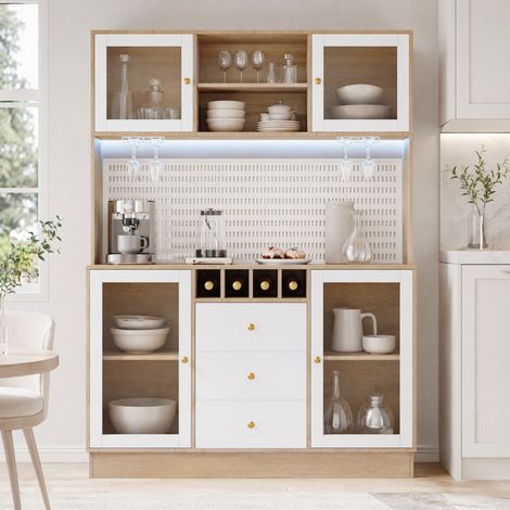 Vaisselier haut 140x40x185,7 cm MDF blanc LED, rangement cuisine avec porte-verres - CHICFURN (1/5)