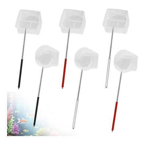 petites épuisettes d'aquarium - 6,5/8 cm - manche télescopique en caoutchouc antidérapant - Accessoire d'aquarium rond / carré - bassin, bassin à poissons, petites piscines (1/5)