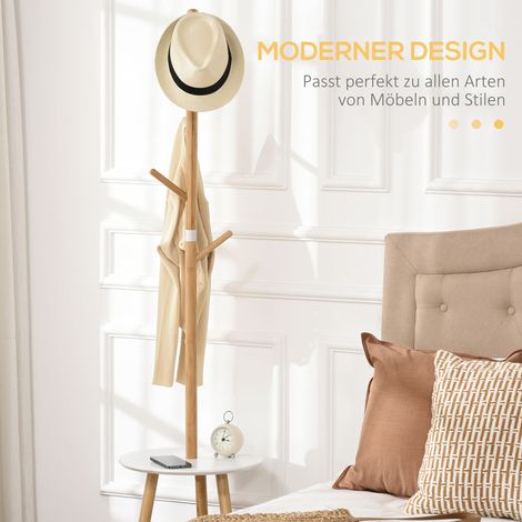 Porte-manteau scandinave avec table d'appoint, 5 crochets, 39,5 x 39,5 x 171 cm, couleur bois naturel et blanc
