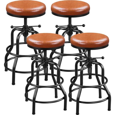 Yaheetech Lot de 4 Tabourets de Bar Industriel en Similicuir Tabouret Haut Rond Réglable en Hauteur avec Deux Repose-Pieds Tabouret de Comptoir pour Cuisine Restaurant Design Néo-rétro Marron Clair