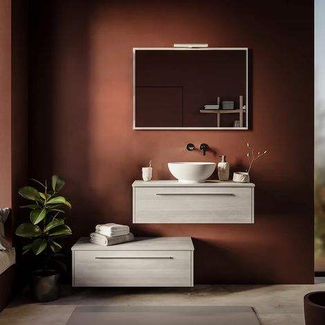 Armoire de toilette modulaire suspendue 100cm Deux tiroirs Chêne cendré avec plan et miroir inclus Mod. Aoki