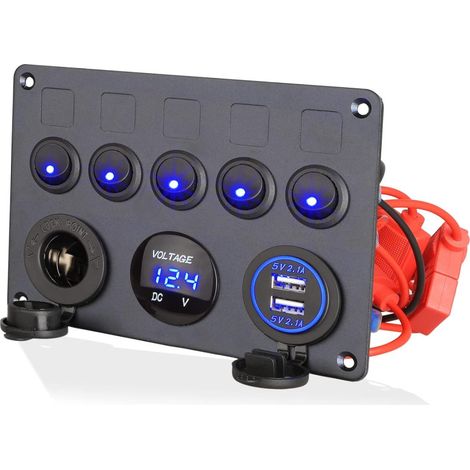 Einbau-Panel für Armaturenbrett mit 5 Schaltern, 2x USB-Ladeanschlüssen (4,2 A), 12‑V-Anzünderbuchse und Voltmeter, universell