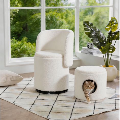 Fauteuil pivotant avec rangement, blanc, en tissu Teddy OKMYHOME (1/5)