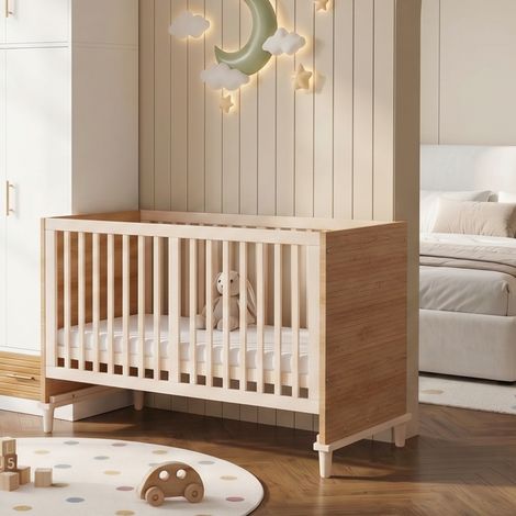 Lit bébé enfant en bois naturel 70x140x87cm, lit à barreaux avec 5 hauteurs réglables, pieds robustes, sans matelas, berceau évolutif (1/5)